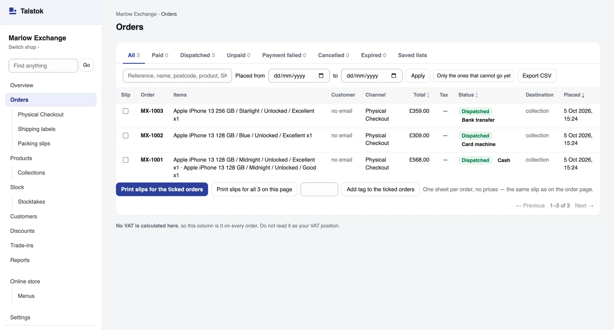 The Orders screen of a demo shop, listing three sales taken at the till and how each was paid.