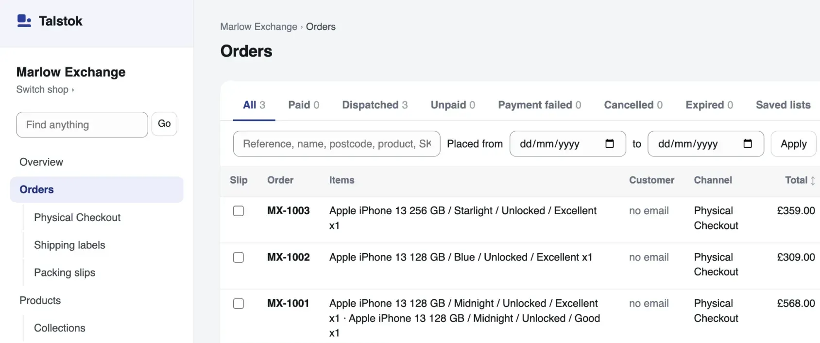 The Orders list of a demo shop: three orders taken at the till, each with its number, its items and its total.