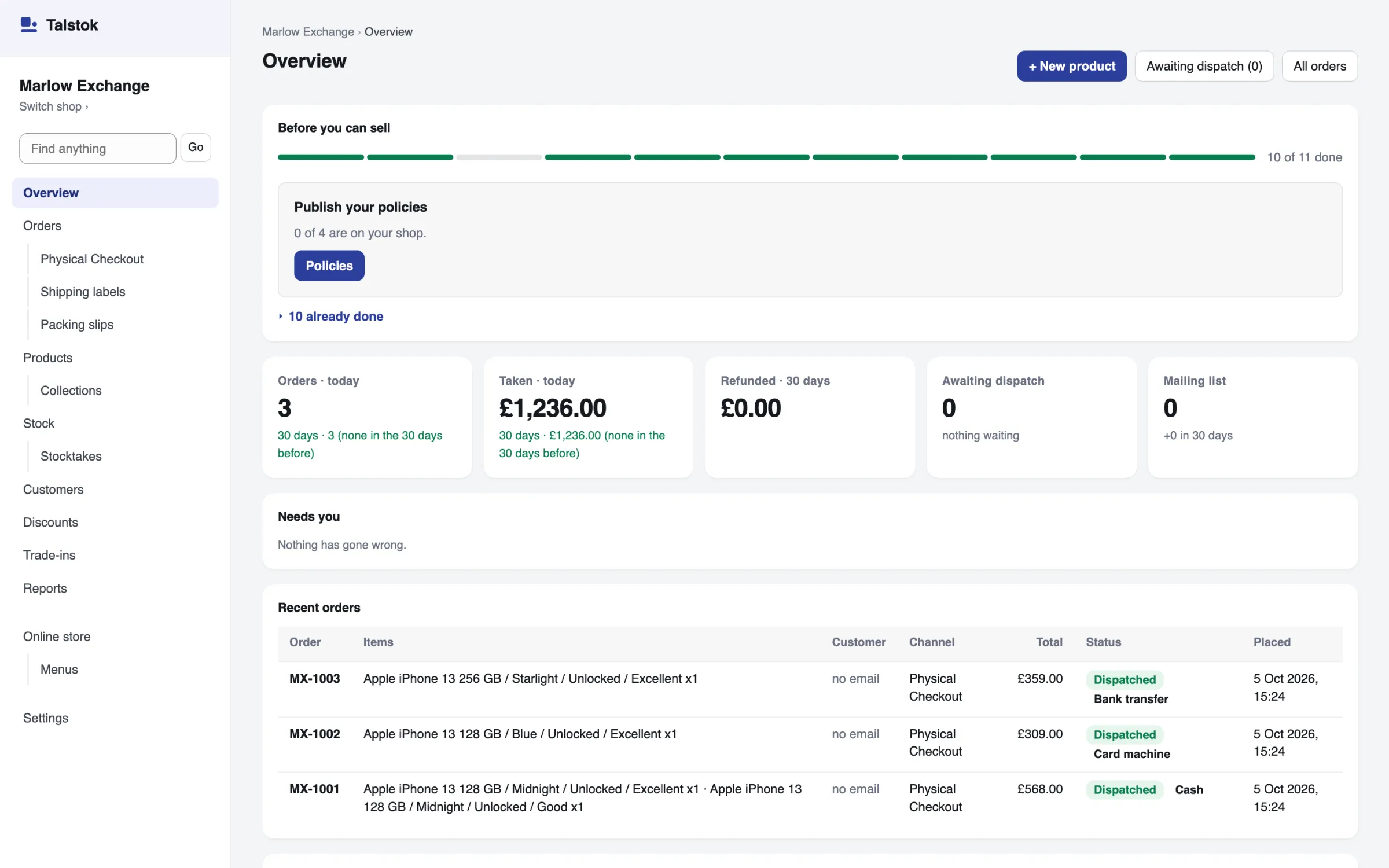 The Overview screen of a demo shop: orders and takings today, refunds, orders waiting to be sent, and the latest orders with how each was paid.