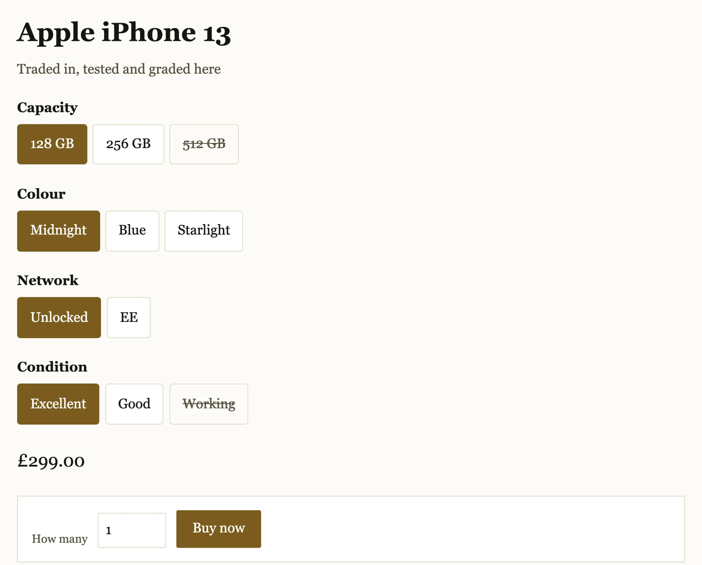 A product page on a demo phone shop's website: an iPhone 13 with choices for capacity, colour, network and condition, the sold-out choices struck through, its price and a Buy now button.