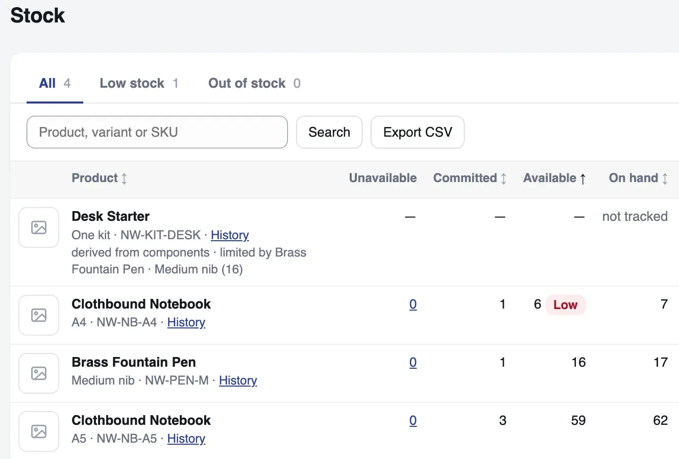 The Stock screen at a demo stationery shop: a notebook marked Low, and a bundle called Desk Starter whose count comes from the parts it is made of.
