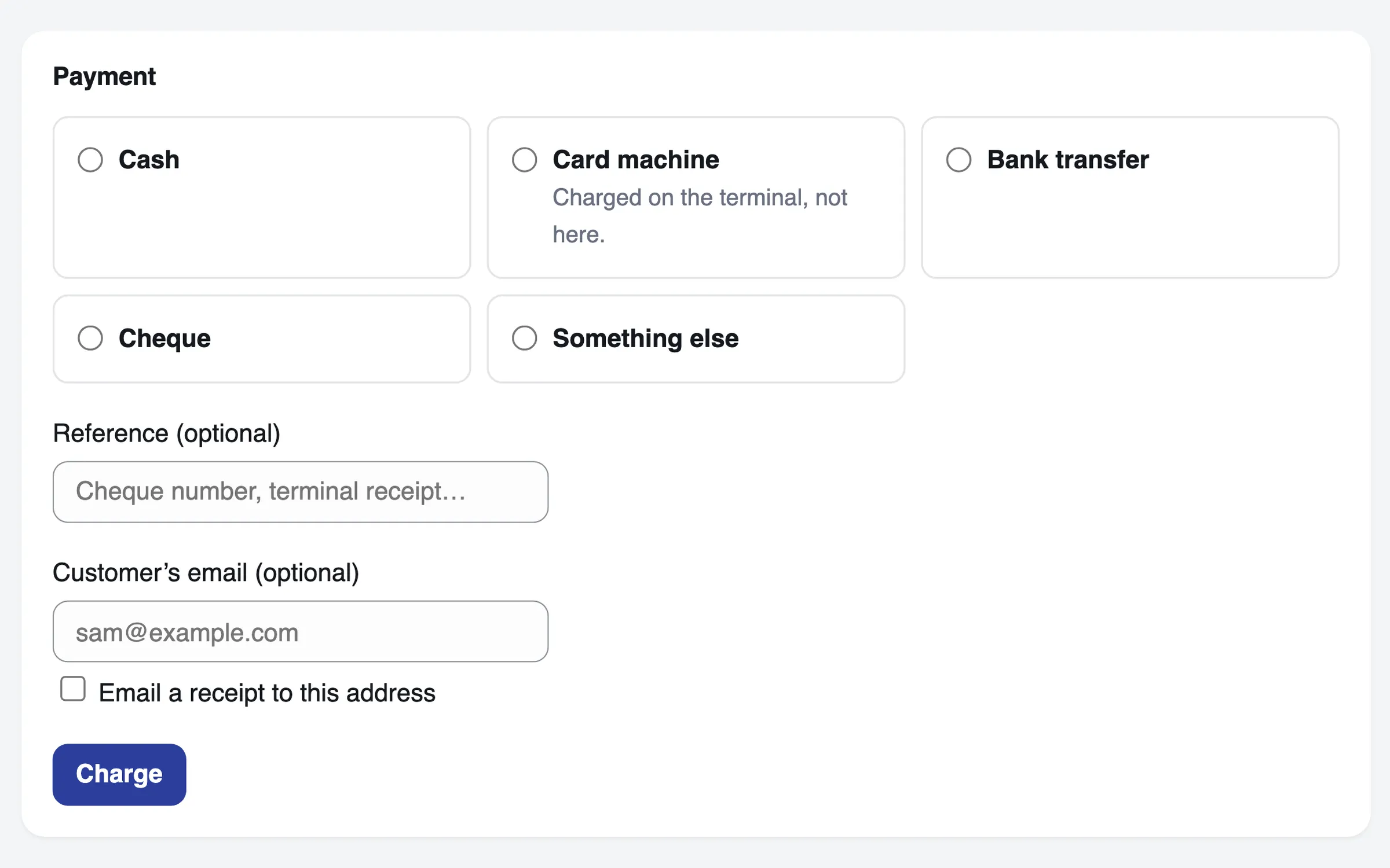 The payment step of the till: cash, card machine, bank transfer, cheque or something else, an optional reference, the customer's email for a receipt, and Charge.