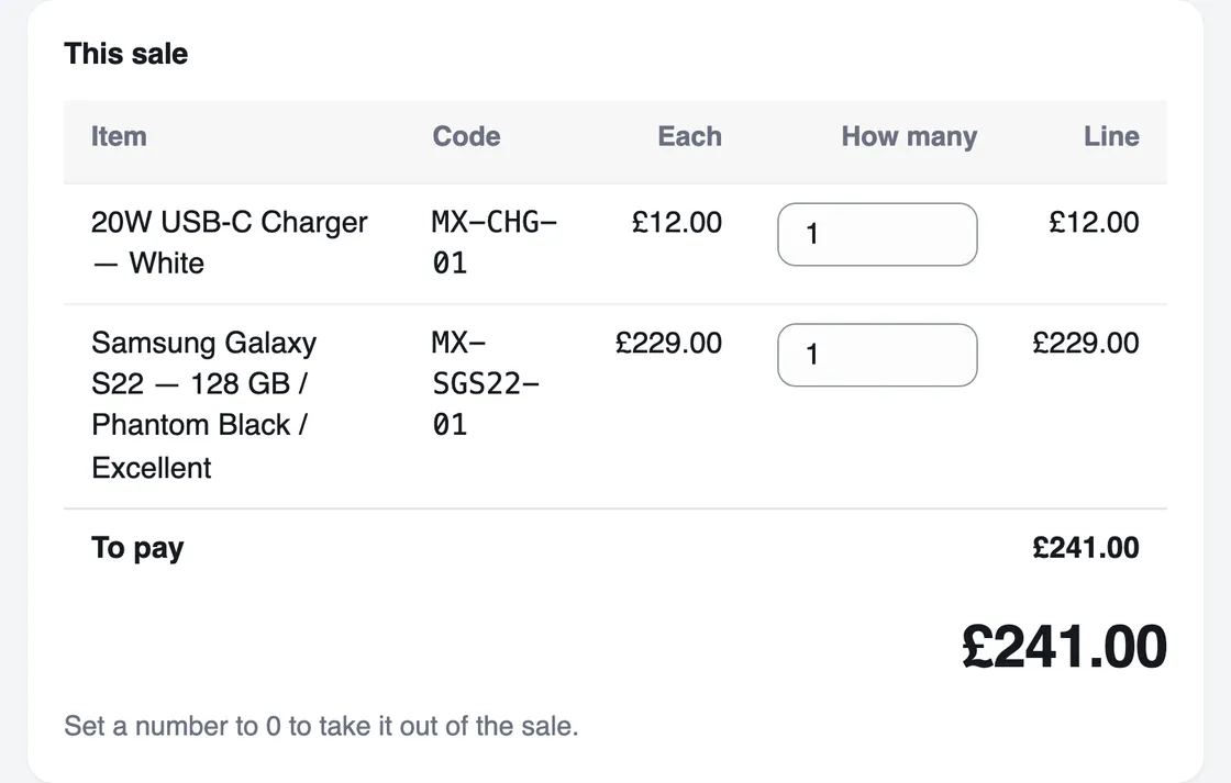 A sale on the Talstok till: two items with their codes and prices, and the total to pay.