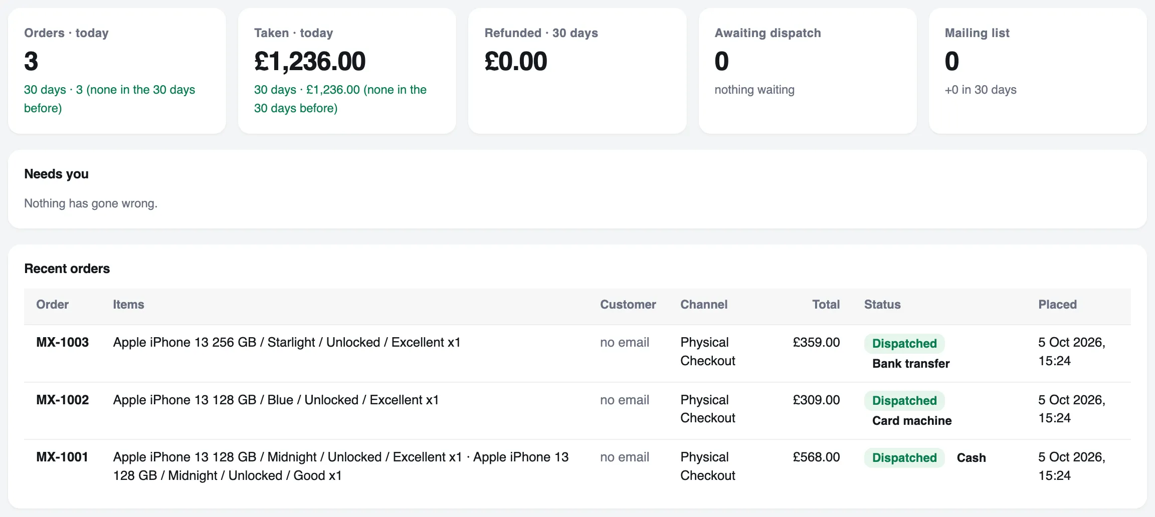 The Overview screen at a demo phone shop: 3 orders and £1,236.00 taken today, and the three till sales under it, paid by bank transfer, card machine and cash.